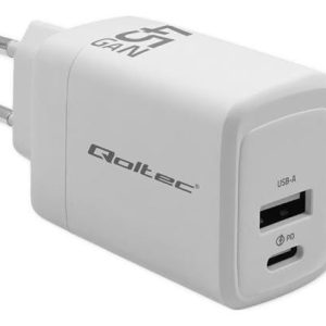 Qoltec 45W GaN| 5-20V | 1.5-3A | 1 x USB-C PD | 1 x USB QC 3.0 | Biała