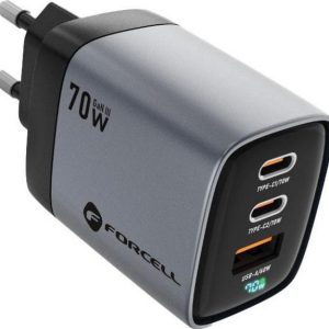 FORCELL F-ENERGY GaN III VT-37 ładowarka sieciowa z wyświetlaczem LCD 2 x Typ C + USB A PD QC4.0 SAM SFC2.0 3,45A 70W szara