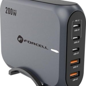 FORCELL F-ENERGY GaN III VT-51 ładowarka biurkowa 3 x Typ C + 2 x USB A PD QC4.0 SFC2.0 5A 200W szara