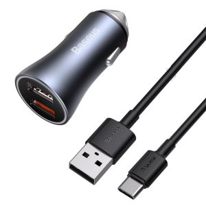 Baseus Golden Contactor Pro, 2x USB, 40W (szara) + kabel USB do USB-C 1m (czarny)